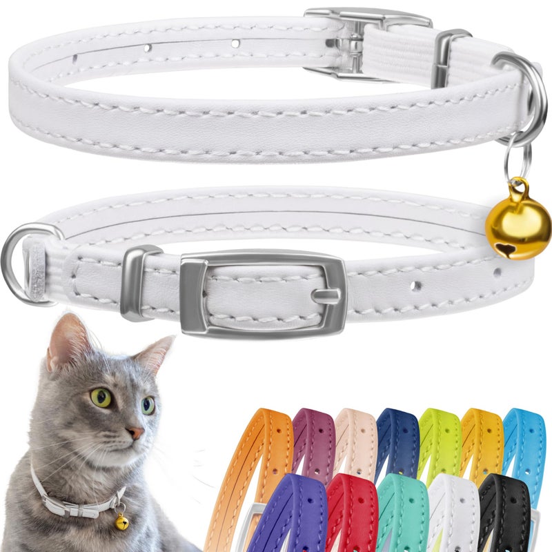 CollarDirect Leather Cat Collar, Cat Safety Collar with Elastic Strap, Kitten Collar with Bell Black Blue Red Orange Lime Green (8-11 Inch, White) - Image 1